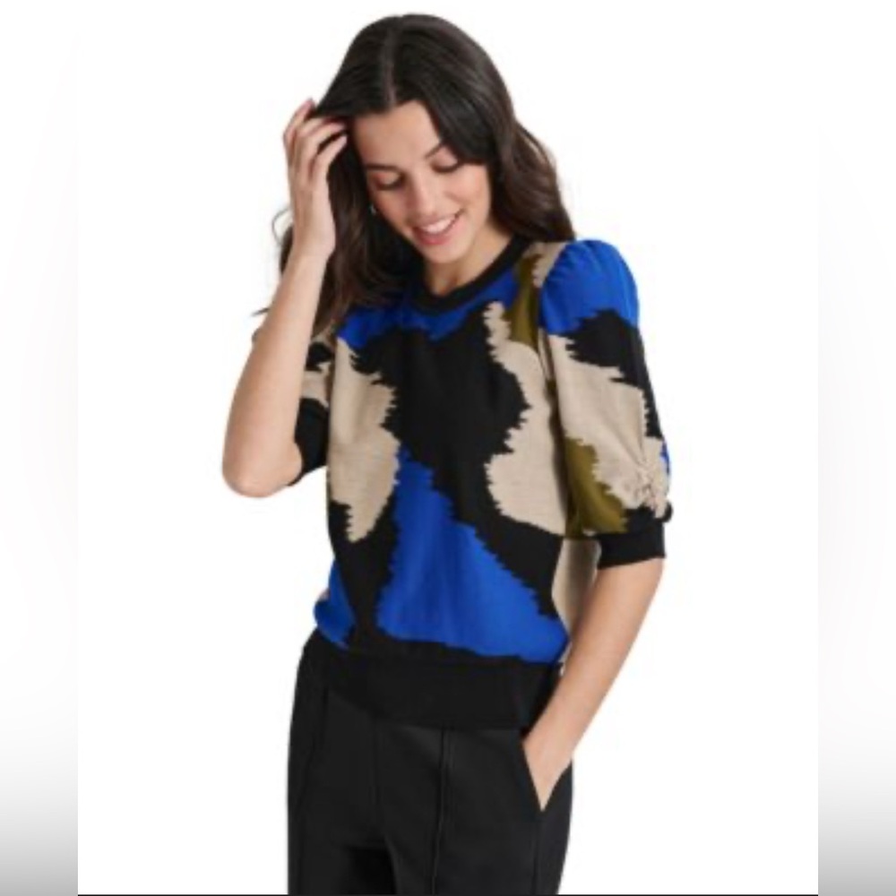 ❄️DKNY Abstract Knit Sweater | Puff Sleeve Graphic Print Top | Size Small